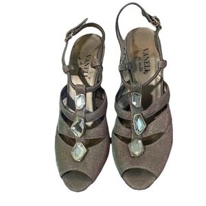 Vaneli Women Shoe Sz 8.5 N Metallic Iridescent Gold Ruby Green Rhinestone TStrap